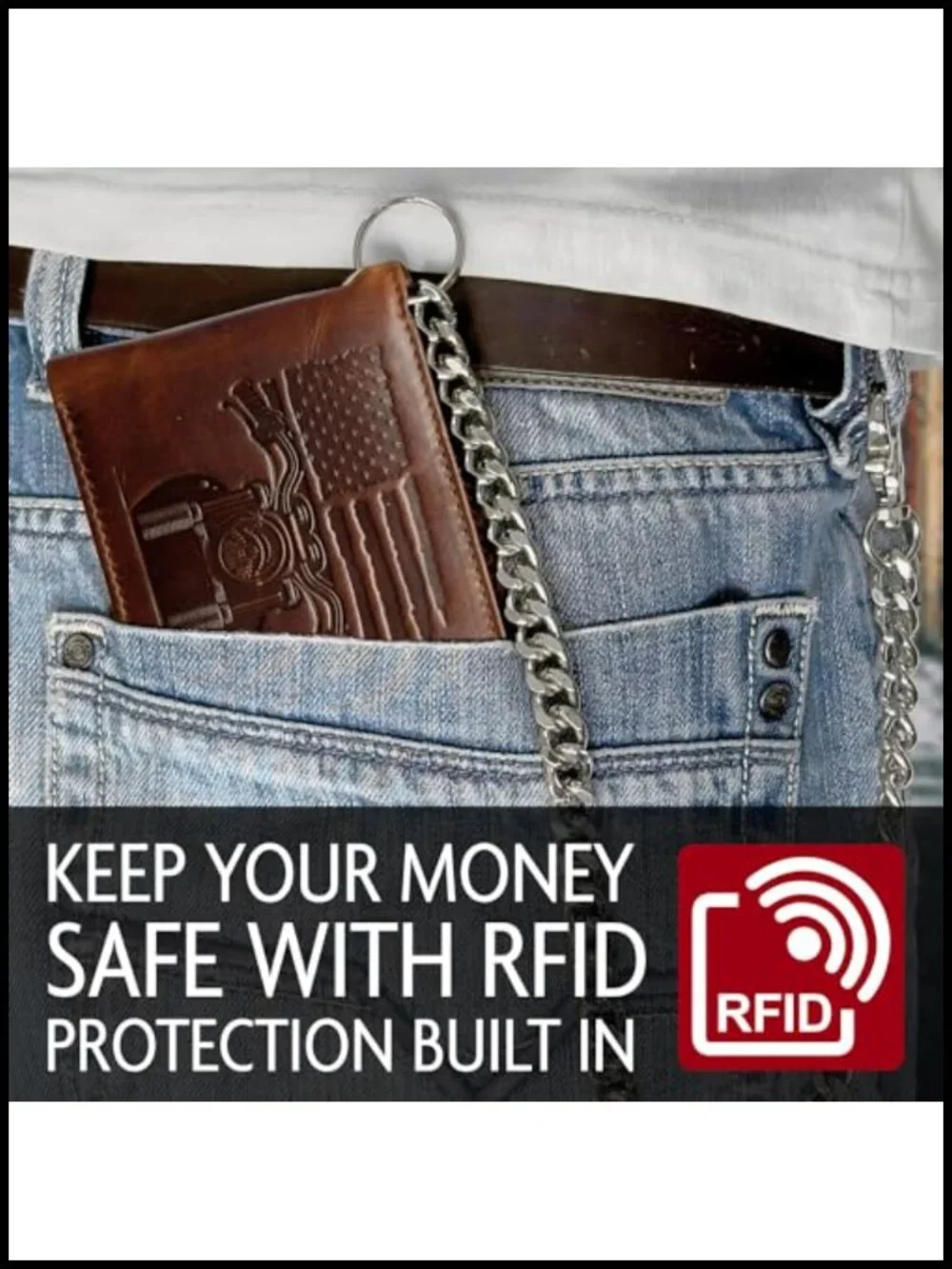Biker Bifold Wallet with Chain, Full-Grain Leather, RFID Protected, 10 Card